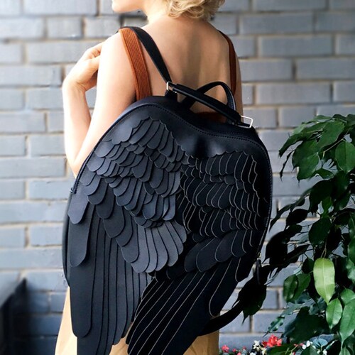 Wings Backpack Black Leather Backpack Black Backpack Leather Bag Black Angel's Wings Unusual Backpack