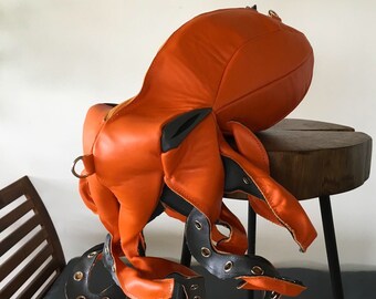 Orange Leather Backpack Octopus Backpack Sea Monster Squid Bag Octopus Leather Bag Poulpe Bag Devilfish Bag