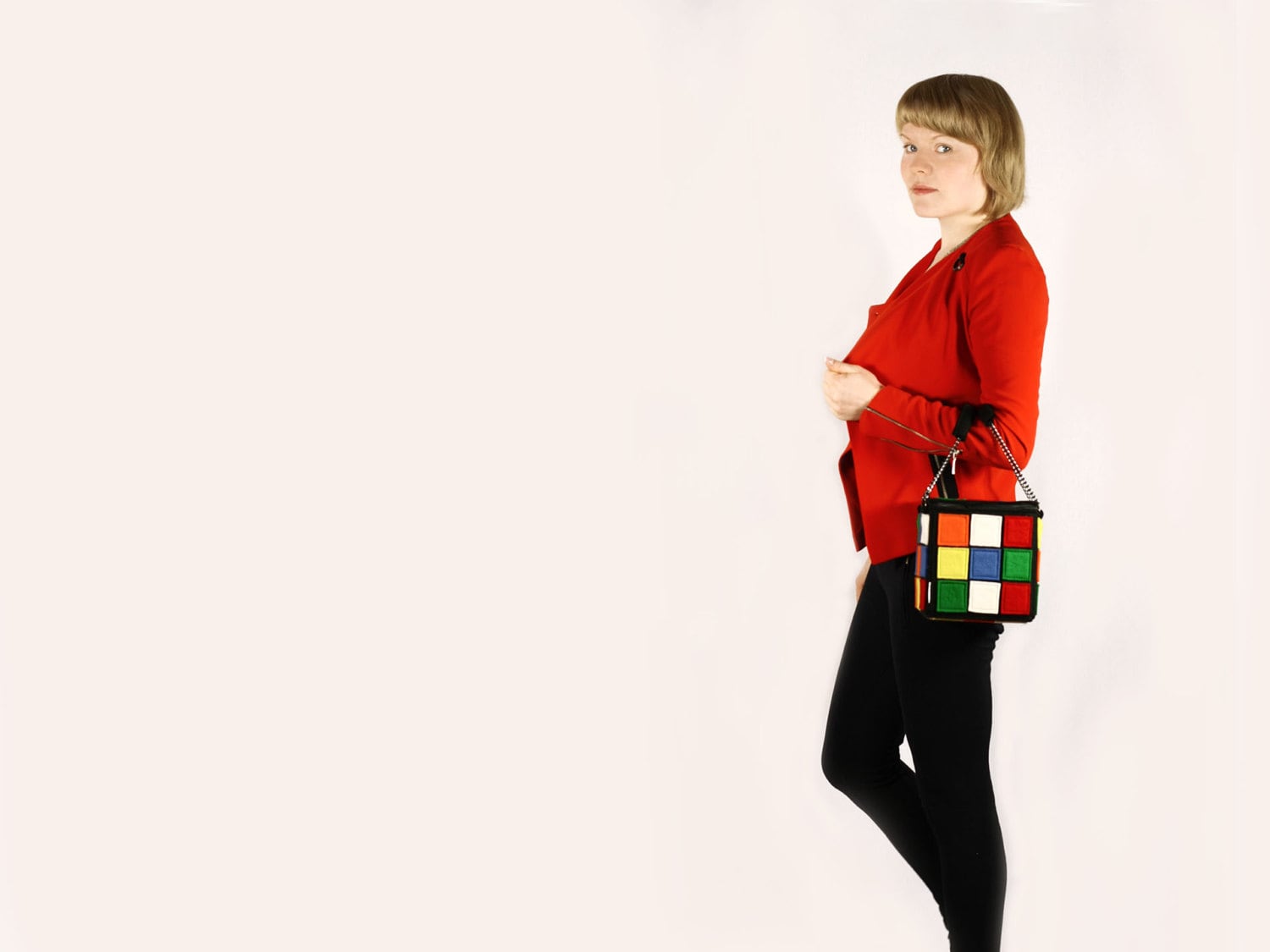 Retro Glossy Red Multicolor Square Rubiks Cube Shape Purse Chain Handbag  NEW