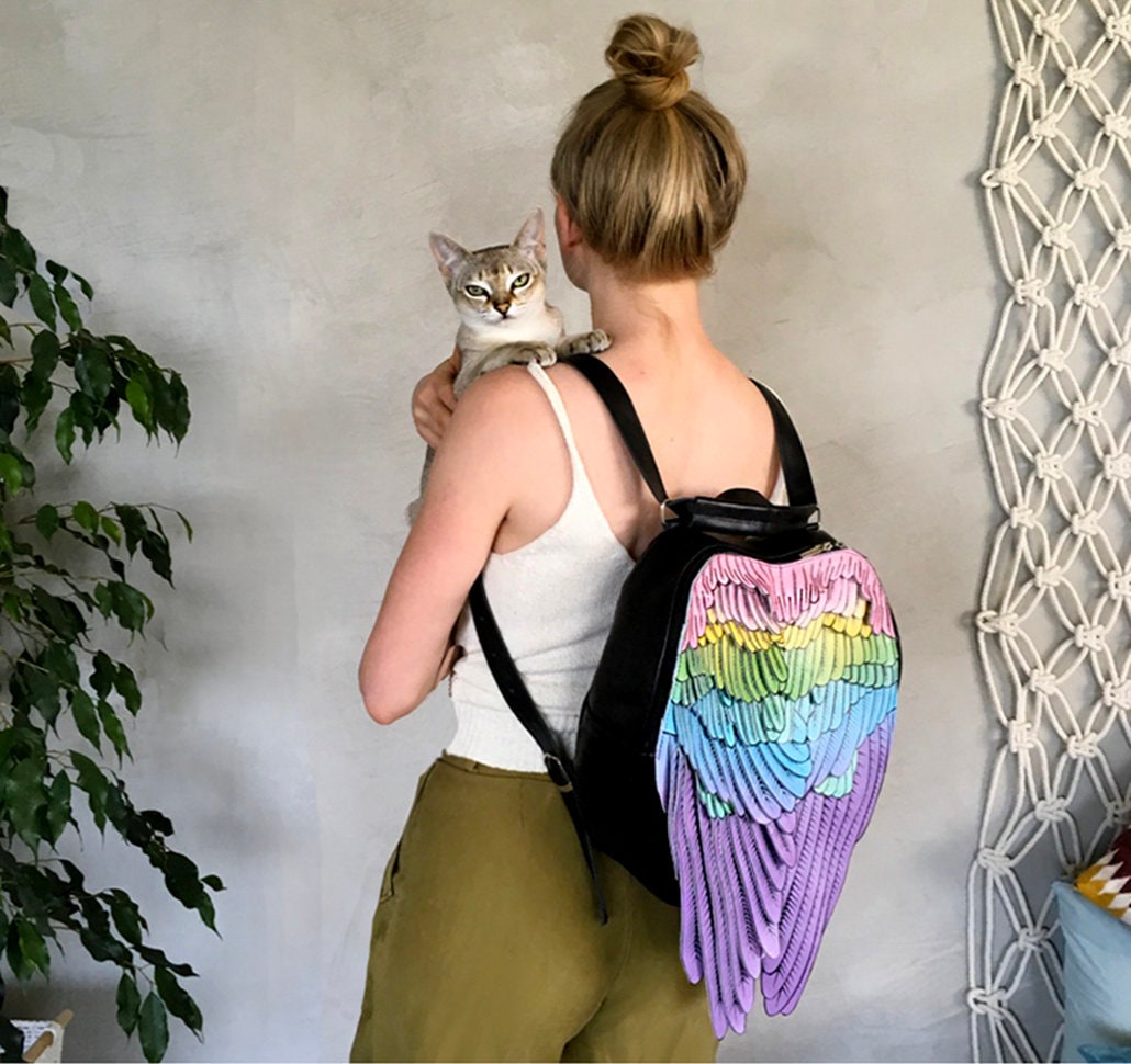 rainbow leather backpack with angel wings