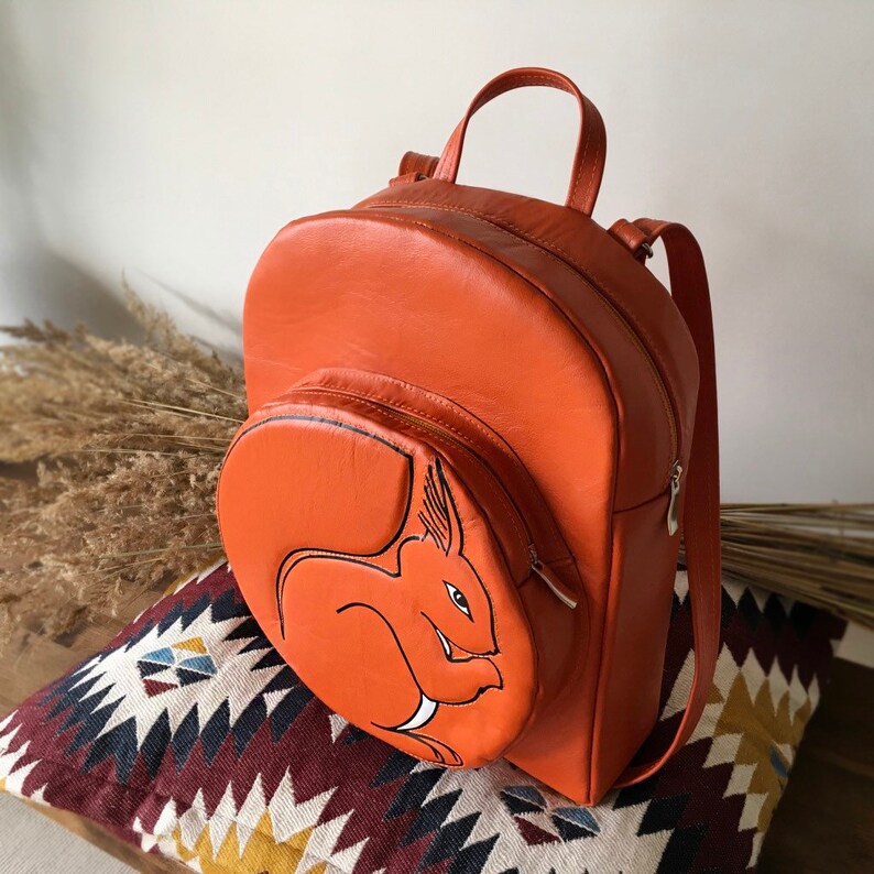 Squirrel Backpack Orange Leather Backpack Squirrel Leather Etsy