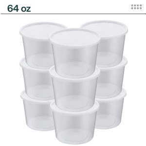 May include: A stack of clear, round plastic containers with white lids. The containers are cylindrical and appear to be empty. The text "64 oz" is visible at the top of the image.