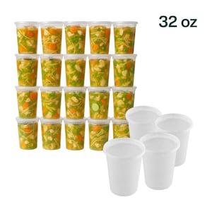 May include: A collection of clear plastic containers filled with chicken noodle soup, featuring carrots, peas, and noodles. The text "32 oz" is visible. Several empty containers with lids are also included.