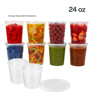May include: A set of clear plastic 24 oz Heavy Duty Deli Containers with matching lids. The containers are shown filled with various foods including cubed watermelon, pasta salad, raspberries, sliced strawberries, broccoli, and sauces.