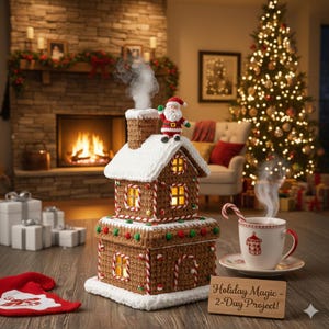 Könnte beinhalten: Ein gehäkeltes Lebkuchenhaus mit einer Santa-Figur auf der Oberseite, das Dampf abgibt. Das Haus ist mit roten und grünen Akzenten verziert und steht auf einer Holzoberfläche. Eine Tasse Kaffee und ein Schild mit der Aufschrift "Holiday Magic - 2-Day Project!" sind ebenfalls vorhanden.