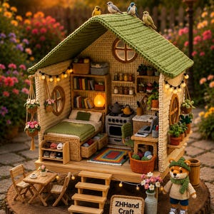 Gehaakt cottage-poppenhuispatroon, gezellig miniatuurgarenhuis, woondecoratie amigurumi (digitale download)