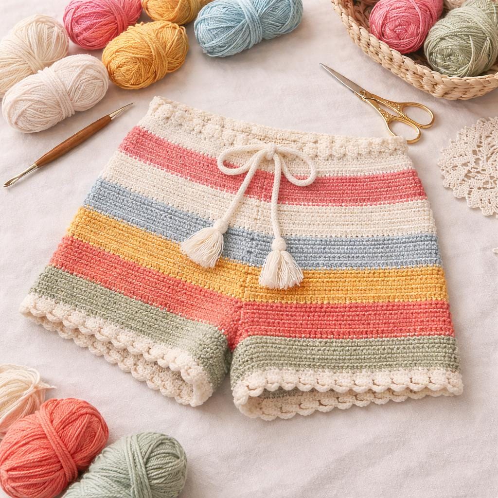 40 Crochet Summer Clothes with Tops, Dresses, Shorts, and Shrugs 25 Boho Striped Crochet Shorts