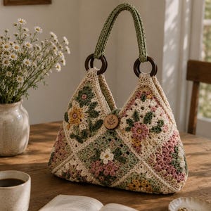 Peut inclure: Un sac en crochet fait à la main avec un motif floral. Le sac présente une base crème avec des carrés de fleurs roses, vertes et jaunes. Il a des poignées en bois et une fermeture à bouton en bois. Le sac est posé sur une table en bois.