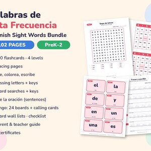 Spanish Sight Words Bundle, 100 Palabras de Alta Frecuencia, Flashcards Tracing Bingo Word Search, Bilingual PreK-2 Printable