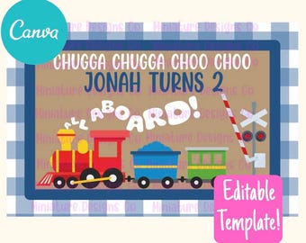 Train 2nd Birthday Banner Template, Chugga Choo Choo (Canva Digital File)
