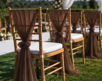 Faixas para cadeiras de casamento em tom marrom chocolate, estilo rústico de outono, tecido de tule marrom chocolate, cortinas de tecido transparente, decoração rústica de outono.