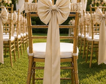 Faixas para cadeiras de casamento em tom bege champanhe, decoração para cadeiras de cerimônia e recepção, casamento elegante e luxuoso, laços de seda para cadeiras, laços para cadeiras Chiavari, festa