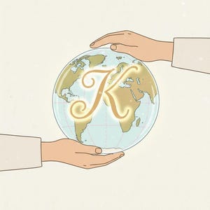 Può includere: Illustrazione di un globo con continenti marroni e verdi, tenuto da due mani. Una lettera "K" dorata e luminosa è centrata sul globo. Lo sfondo è di colore beige chiaro.