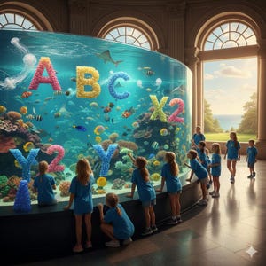 Può includere: Un grande acquario con coralli colorati, pesci e le lettere A, B, C, X, Y e numeri. Bambini con magliette blu sono riuniti attorno all'acquario, indicando le lettere e i pesci. La scena è ambientata in una grande sala con ampie finestre.