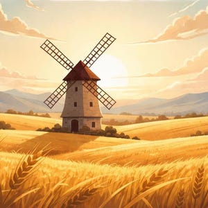 Può includere: Dipinto ad acquerello di un paesaggio rurale con un mulino a vento con tetto rosso e pale rotanti. La scena è immersa nella calda luce del sole, con campi di grano dorato e dolci colline sullo sfondo. Il cielo è pieno di nuvole soffici.