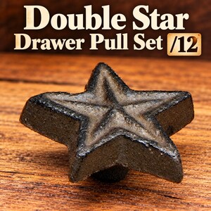 Double Star Drawer Pull Set of 12, Small Rustic Cast Iron Star Knobs