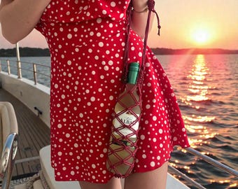 Portabotellas macramé en cordón de poliéster color vino, Bolsa para botella hecha a mano, Regalo amantes vino, Boho artesanal