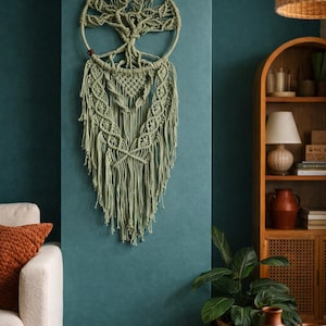 Albero della Vita Macramè, Decorazione Parete Albero Genealogico, Acchiappasogni Boho Verde Salvia, Colori Personalizzati
