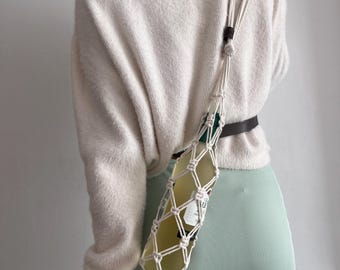Macramé Bottle Holder with Tassel |Boho Cotton Bottle Bag | Eco-Friendly Bottle Sleeve | Reusable Water Bottle Sling | Two-Tone Macramé Gift