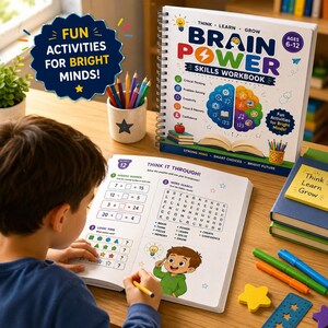 Könnte beinhalten: Ein spiralgebundenes Brain Power Skills Arbeitsbuch für 6- bis 12-Jährige mit einer bunten Gehirnillustration, Lernsymbolen und Text. Eine aufgeschlagene Seite zeigt Matheaufgaben, ein Wortsuchrätsel und Logikrätsel mit einer Comicfigur.