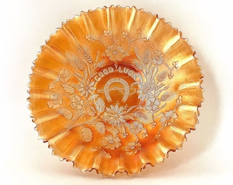 Antique Northwood Good Luck Marigold Carnival Glass Bowl with Pie Crust Edge - Early 1900s