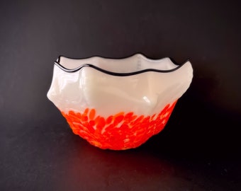 1920s Czech Art Deco Franz Welz Opaline Glass Knuckle Bowl Vase with Orange Spatter and Black Trim -  Vintage Czechoslovakia Glass