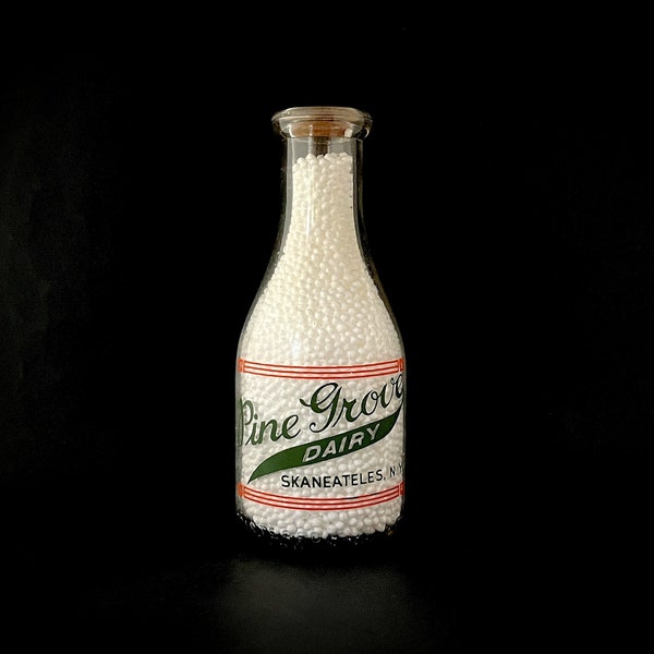 Vintage Pine Grove Dairy Skaneateles NY Pyro Quart Guernsey Milk Bottle with Pine Trees and Cap - 1923 to 1954 mTc mark