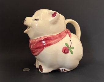 Vintage Shawnee Pottery Smiley Pig Large 8" Water Milk Pitcher with Red Pink Scarf and Clover Bud Flower - 1940s