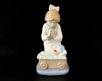 Vintage Nao Lladro 1124 Sharing a Prayer Girl Praying with Baby Doll Porcelain Figurine - 1990 Made in Spain