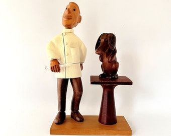 Vintage Romer Italy Carved Wood Veterinarian Doctor with Dog and Syringe Figurine Statue - Circa 1970s