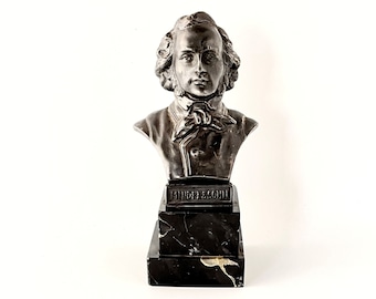 Vintage Metal German Composer Felix Mendelssohn Bust Statue on Marble Base - Gun Metal Bronze Color