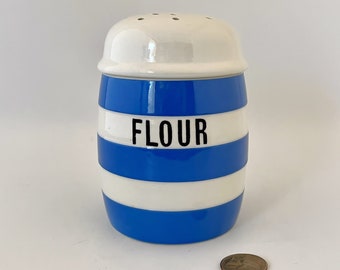 Vintage TG Green Cornishware Blue & White Screw Top Flour Shaker - 1930s to 1960s Green Shield Mark - Made in England - Cornish Kitchen Ware