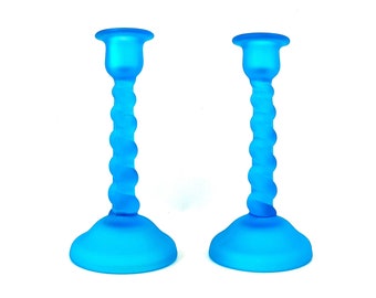 2 Tiffin Glass Blue Satin # 66 Twist Spiral Stem Candlestick Candle Holders - 1920s