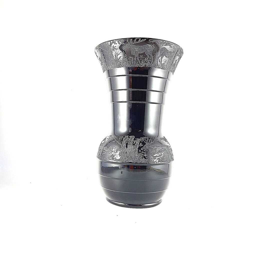 1920s Paden City Black Forest Black Glass 9 7/8 Art Deco Vase Etched