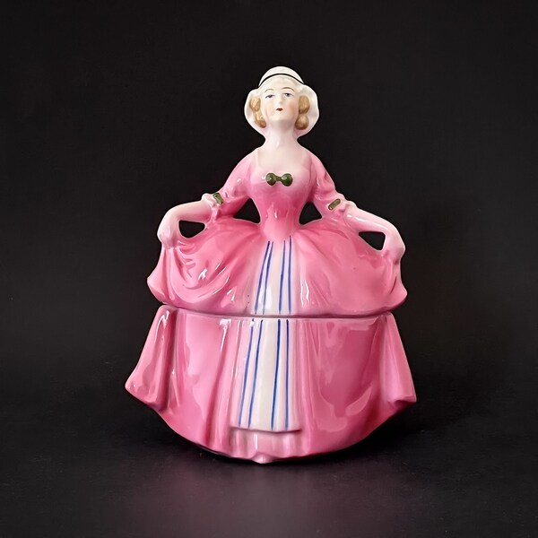 Antique German Porcelain Lady in Pink Dress Half Doll Powder Jar or Trinket Box - marked Bavaria