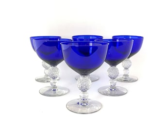 6 Morgantown Ritz Blue Golf Ball 4 1/8" Liquor Cocktail Glass Goblets with Clear Stems - Vintage Barware made from 1928 to 1971