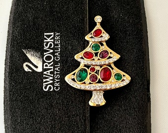 Vintage 2000 Swarovski Crystal Christmas Tree Brooch Pin with Velvet Bag and Card - Signed with Year and Swan Mark