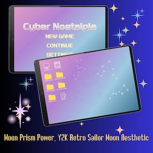 May include: Two black tablets displaying a retro-style interface with the text "Cyber Nostalgia." One tablet shows a menu with "New Game," "Continue," and "Settings." The other displays app icons and constellations. The background is a gradient of purple and blue.