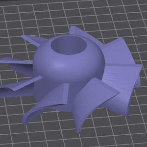 May include: A 3D-rendered, light purple object with a central sphere and surrounding curved blades. The object is set against a gray grid background, suggesting a digital or technical context.