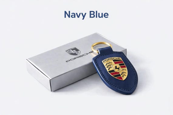 Porsche-Style Leather Keychain – Navy Blue Crest Key Ring: 2026 Design