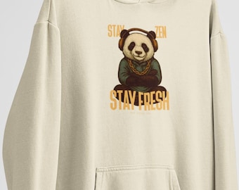 Stay Fresh Panda Hoodie, Meditation Bear Illustration Hooded Sweatshirt, Animal Lover Gift, Unisex Panda Sweater