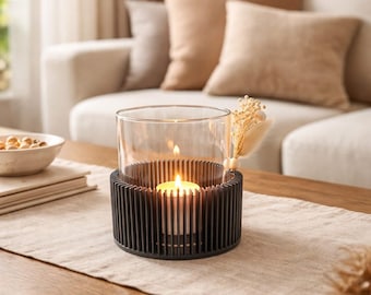 Scandinavian-style ribbed glass lantern - glass cylinder with modern 3D-printed base - simple modern table decoration - glass lantern