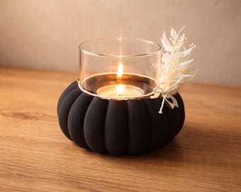 Portavelas de estilo escandinavo: cilindro de vidrio con una base moderna impresa en 3D; decoración de mesa sencilla y moderna; portavelas moderno y bulboso.