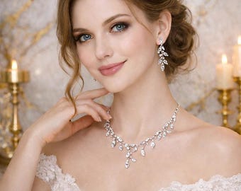 Bridal Jewelry Set, Cubic Zirconia Pear Leaf Necklace Earrings, Wedding Prom Accessory,Bride Gift,Gift for her,jewel ry