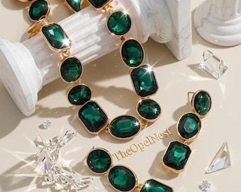 Conjunto de colar e brincos verde esmeralda, joias com cristais em tom dourado, presente elegante para noivas, presente para mães, joias para uso diário