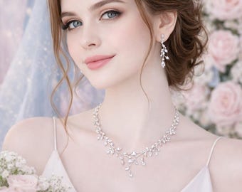 Conjunto de joyas nupciales para boda, conjunto de collar y pendientes de circonita cúbica, collar nupcial de hoja de pera, accesorios de boda de cristal, regalo para la novia