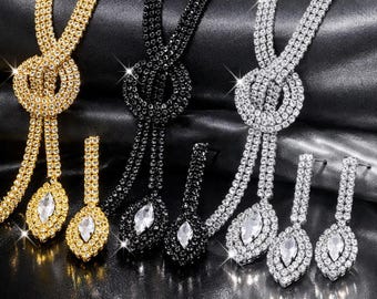 Elegante set di gioielli a goccia, collana e orecchini in acciaio inossidabile con cristalli, accessorio perfetto per la festa di nozze.