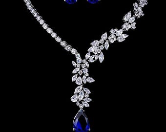 Blue Swarovski Crystal Bridal Jewelry Set: Teardrop Necklace & Earrings,gifte fully,jewelry bridal,daily jewelry gift