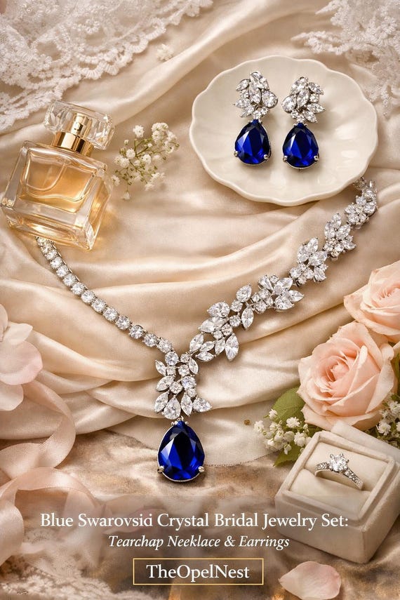 Blue Swarovski Crystal Bridal Jewelry Set: Teardrop Necklace & Earrings,gifte fully,jewelry bridal,daily jewelry gift