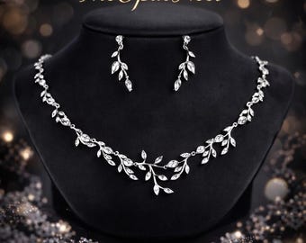 Bridal Jewelry Set, Cubic Zirconia Pear Leaf Necklace Earrings, Wedding Prom Accessory,Bride Gift,Gift for her,jewel ry